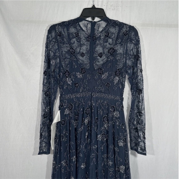 NEW $598 Mac Duggal [ 4‎ ] Beaded Floral Long Sleeve Midi Dress Navy Blue - Picture 8 of 13